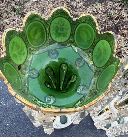 Antique 19th C. Bohemian Moser Glass Emerald Green Enameled & Gilt Lustres13