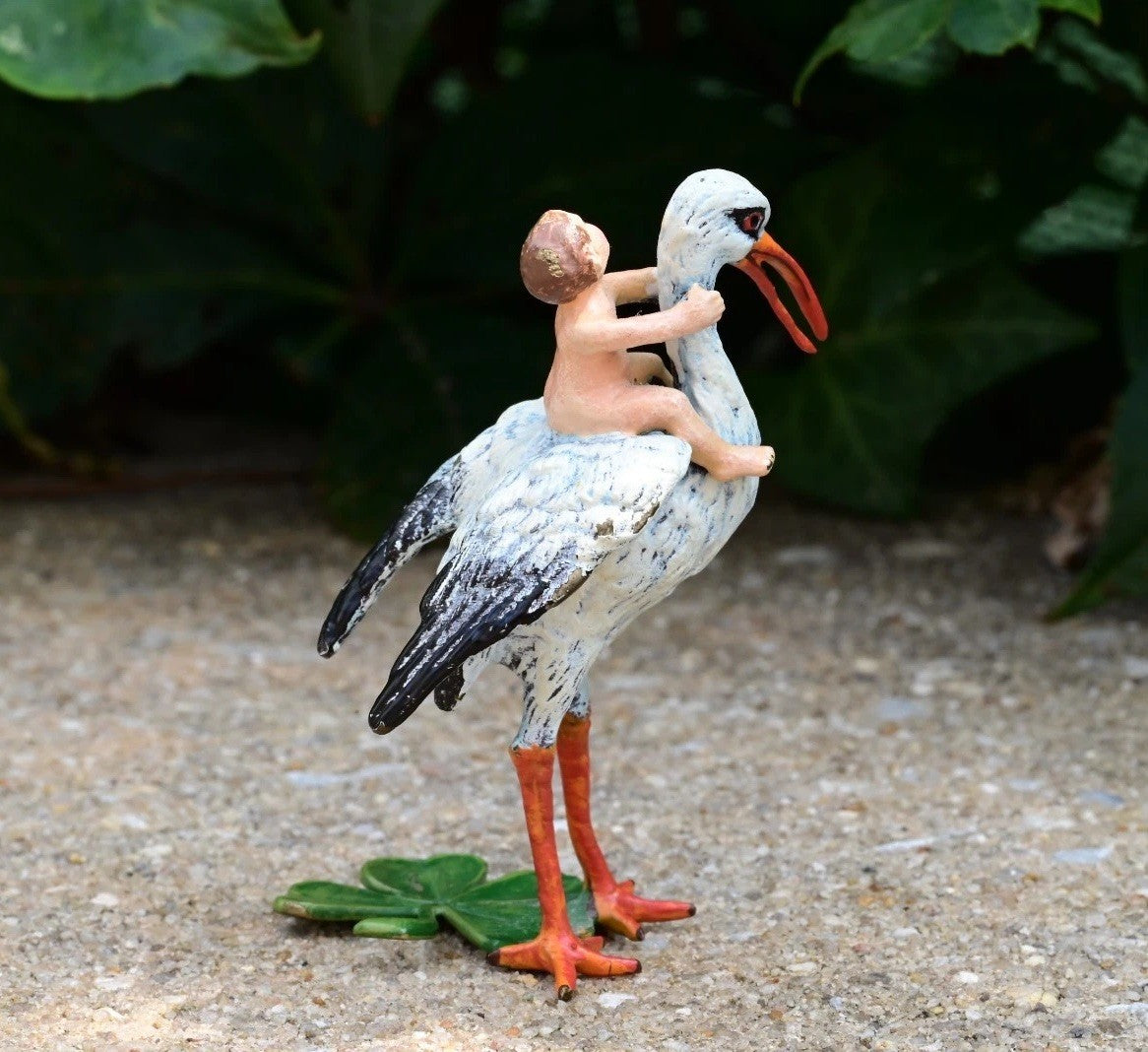 Rare Austrian Vienna Cold Painted Bronze Stork With Baby & Four Leaf Clover4