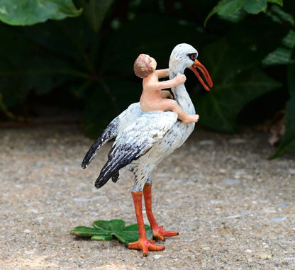 Rare Austrian Vienna Cold Painted Bronze Stork With Baby & Four Leaf Clover4