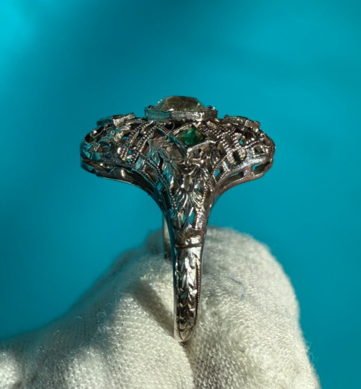 Wonderful Antique Art Deco Period 14k - 18k White Gold Ring W/ Glass Diamond4