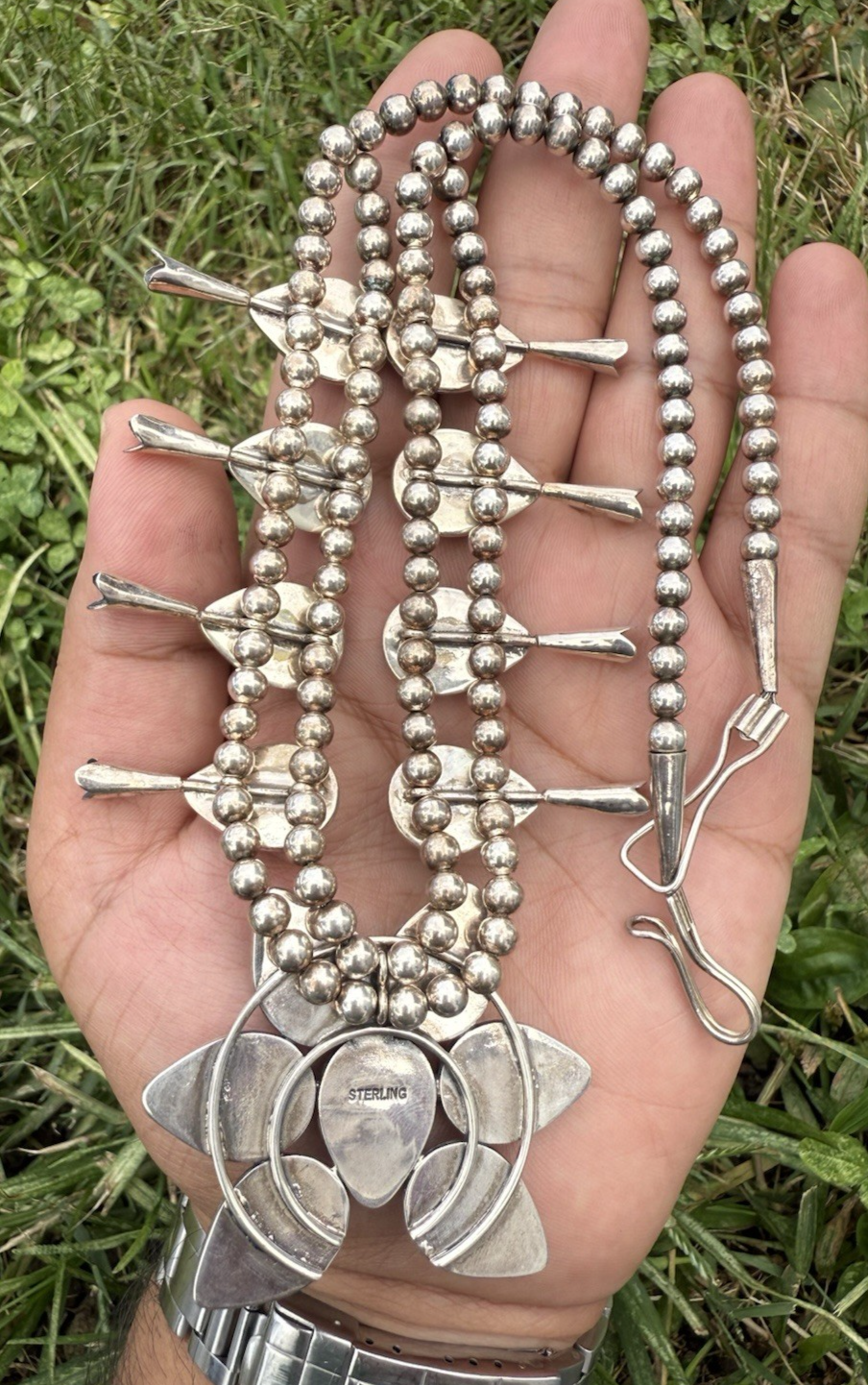 Gorgeous Native American Sterling Silver Squash Blossom Necklace with Red Coral8