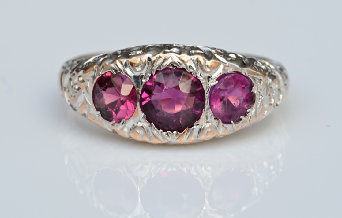 Art Deco Gypsy Ring in 10K White Gold Purplish Pink Rhodolite Garnets IGI Cert5