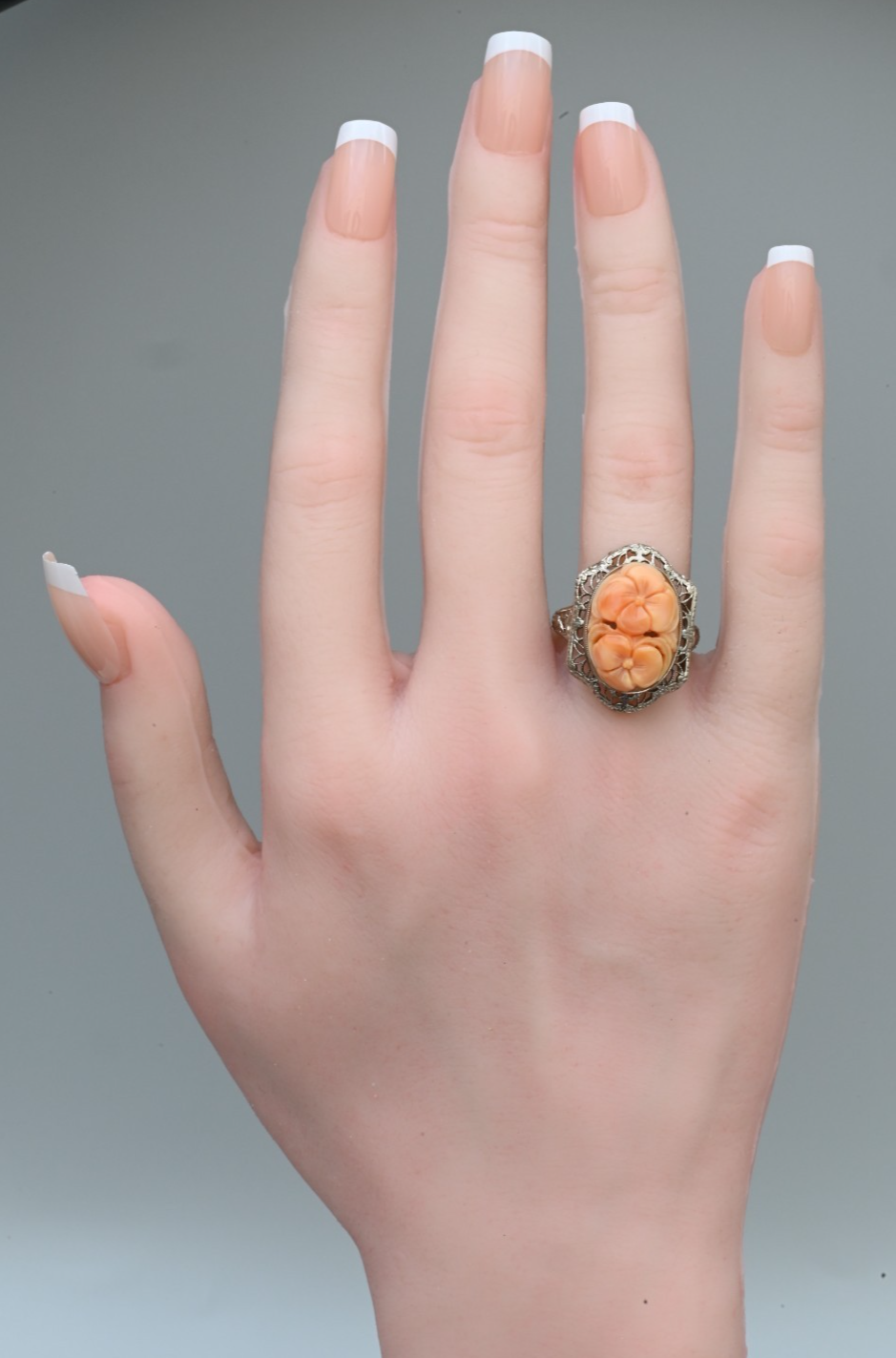 Antique 14K White Filigree Statement Ring With Hand Carved Natural Coral Gem1