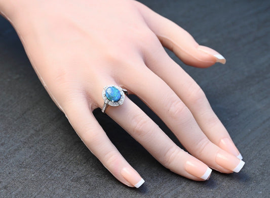 IGI Certified 14K White Gold Ring with Natural Black Opal Surrounded by Diamonds1