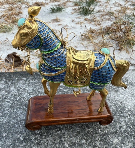 Majestic Chinese Vintage Enamel Gilt Export Silver  Horse w/ Turquoise Gems0
