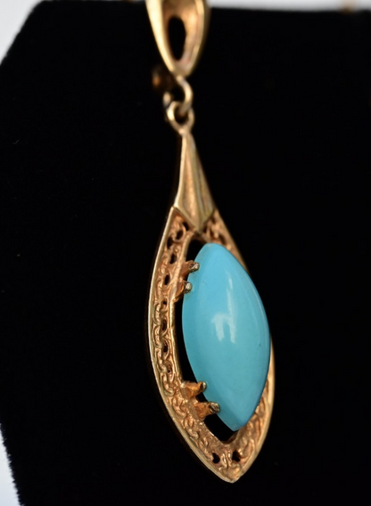 Antique Filigree Yellow Gold Drop Earrings Marquise-cut Blue Turquoise Cabochons5