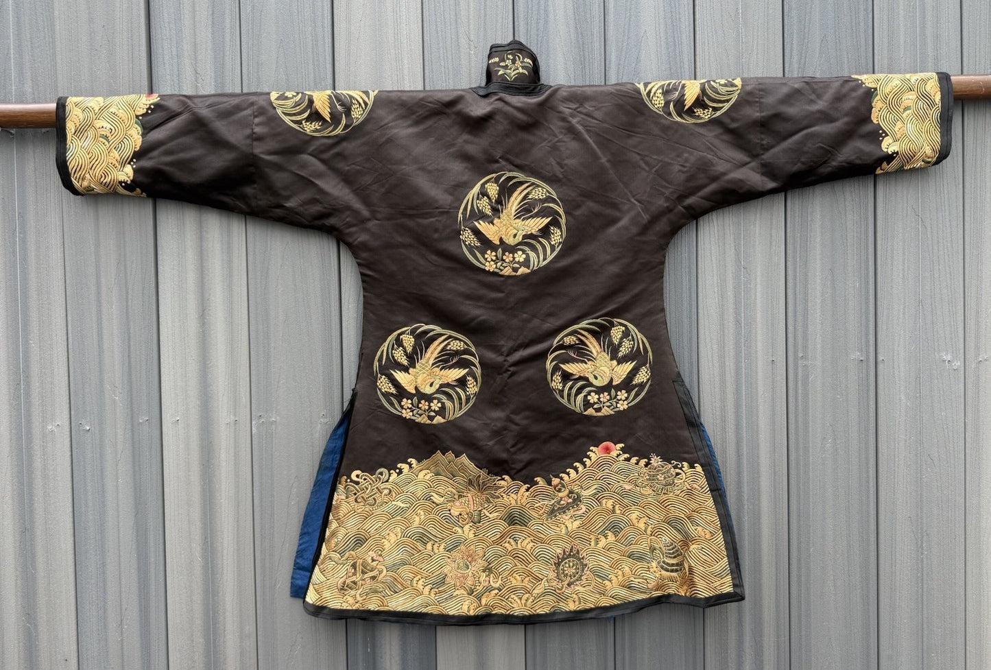 Early Antique Qing Dynasty Chinese Black Silk Embroidery Robe With Crane Birds8