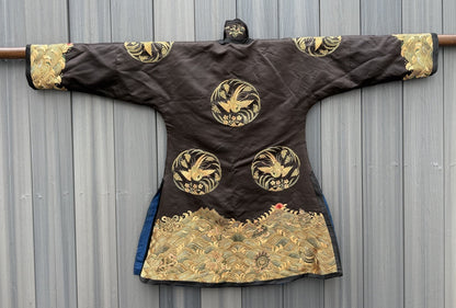 Early Antique Qing Dynasty Chinese Black Silk Embroidery Robe With Crane Birds8