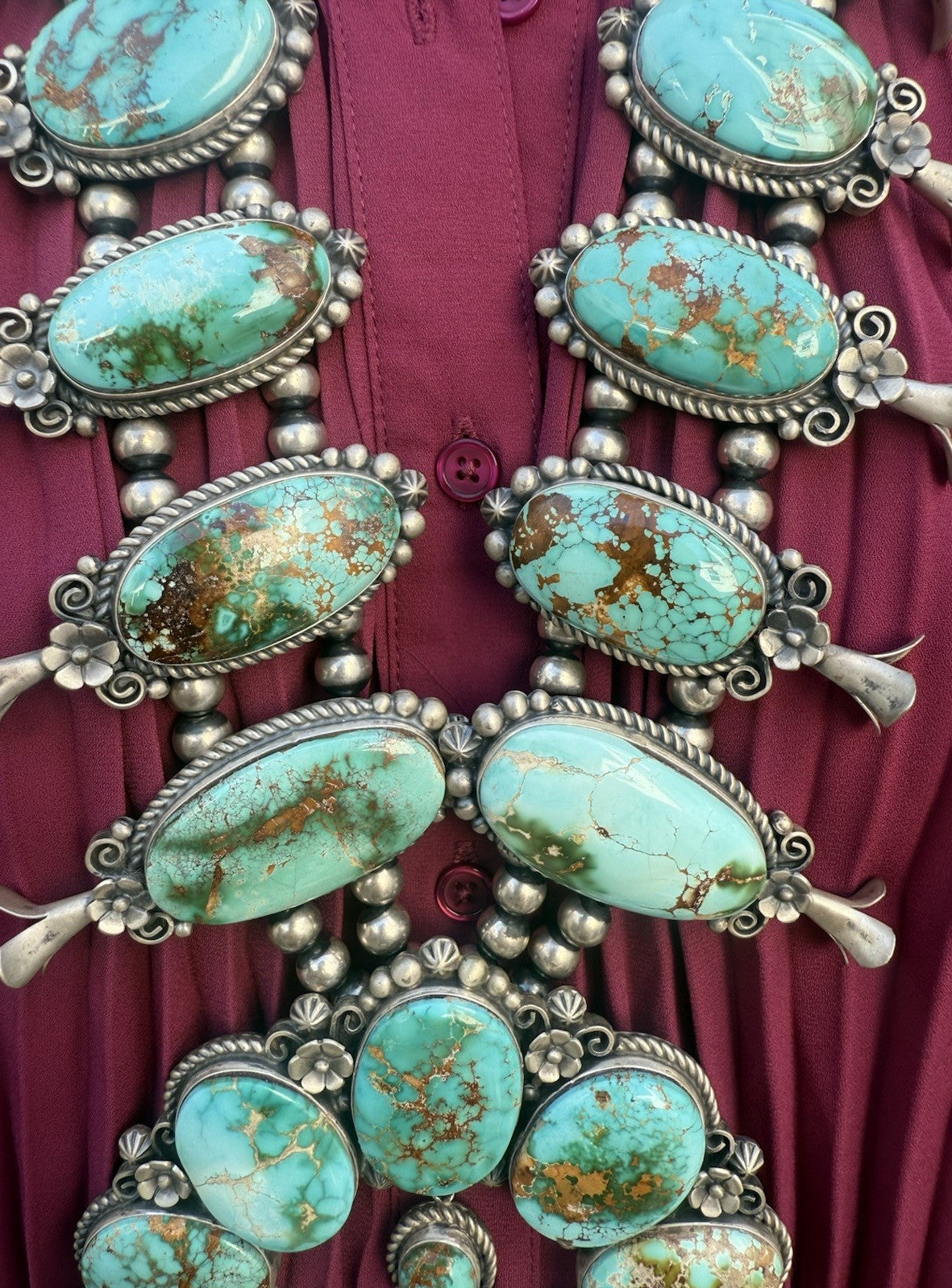 Native American Turquoise &Sterling Squash Blossom Jewelry Set By Maynard Garcia3
