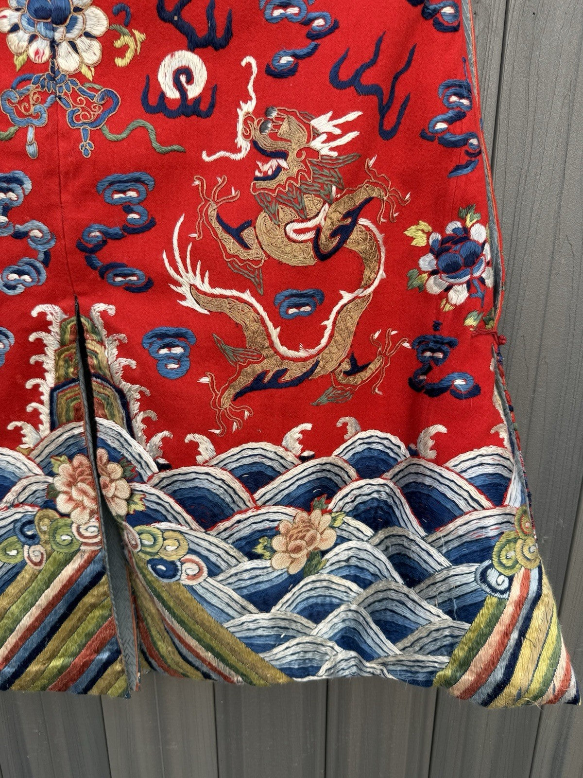 Antique Qing Dynasty Chinese Silk Embroidery Red Dragon Winter Robe12