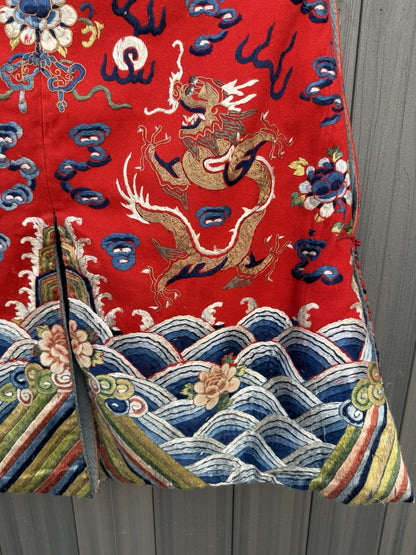 Antique Qing Dynasty Chinese Silk Embroidery Red Dragon Winter Robe12