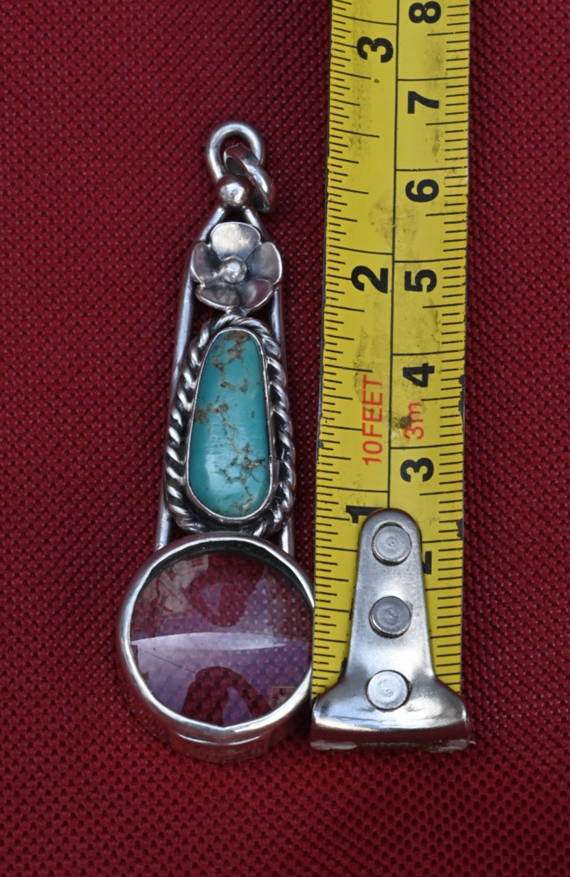 Signed MS Sterling Silver Southwest Jewelers Loupe W/ Turquoise & Flower2