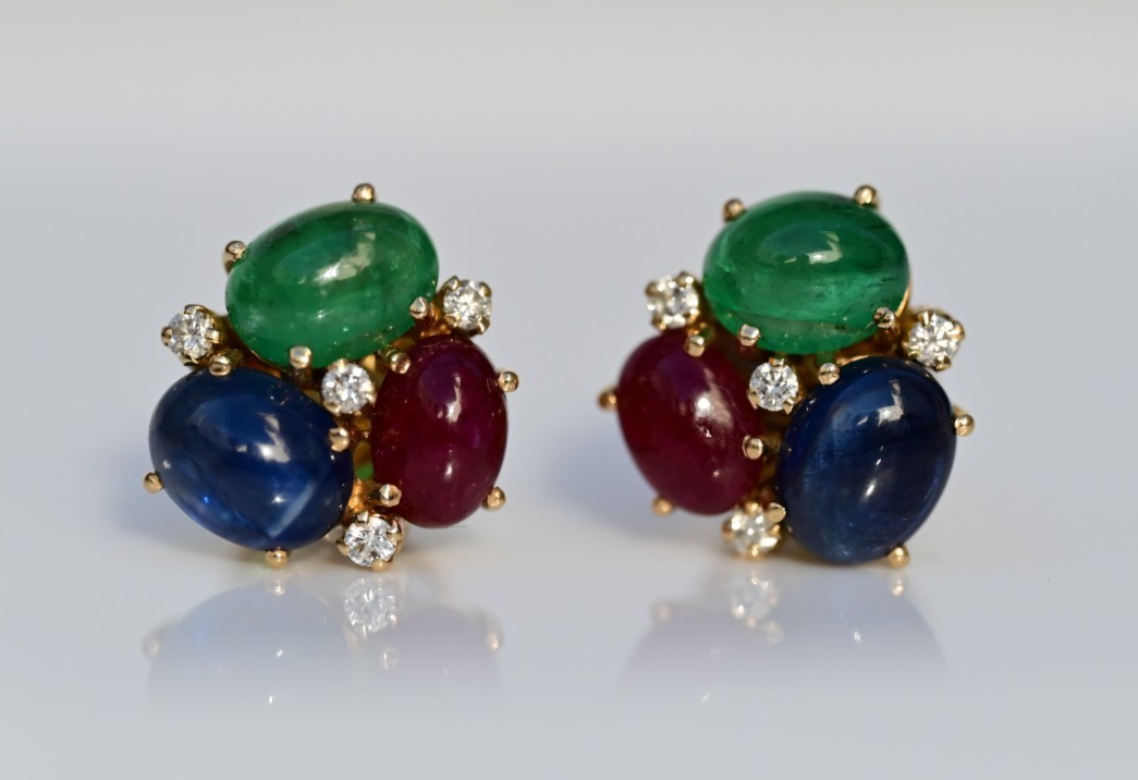 Emerald, Sapphire, Ruby & Diamond 18k Yellow Gold Bubble Earrings IGI Certified2