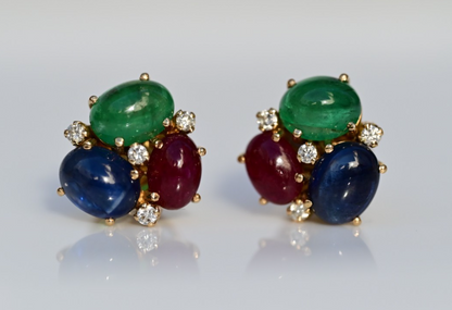 Emerald, Sapphire, Ruby & Diamond 18k Yellow Gold Bubble Earrings IGI Certified2