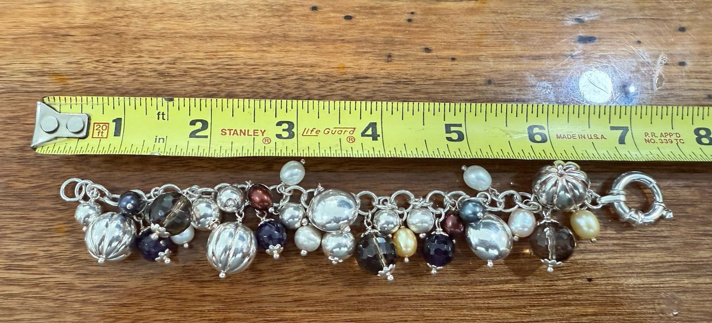 Beautiful Italian Sterling Silver Charm Bracelet w/ Pearls & Faceted Gemstone6