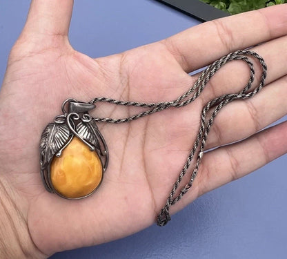 Gorgeous Natural Marbled Butterscotch Amber & Fine Silver Pendant Necklace3