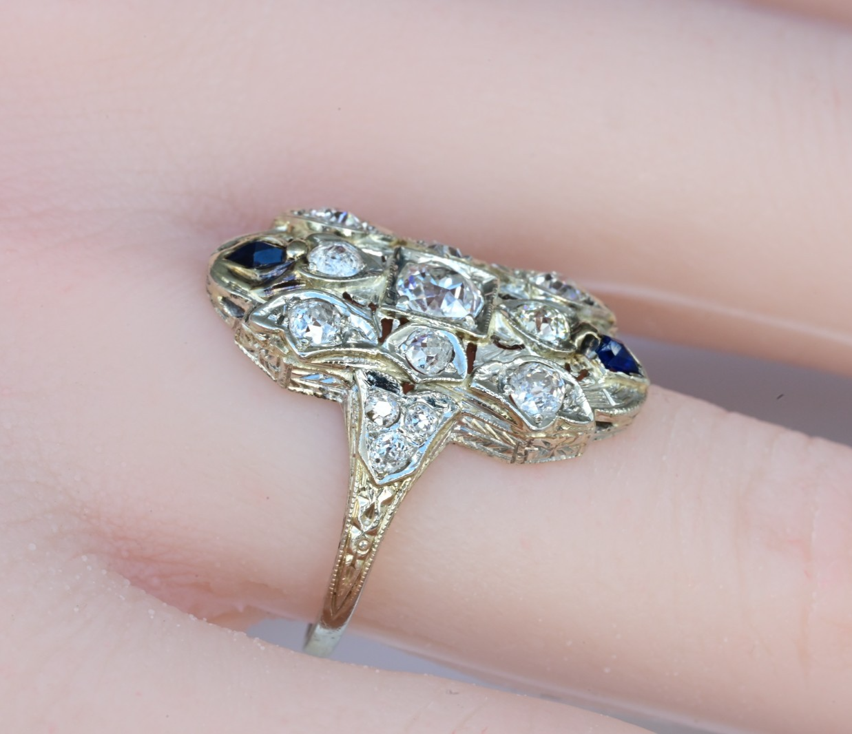 Amazing Antique Art Deco Period 18K White Gold Filigree Ring Diamonds & Sapphire3