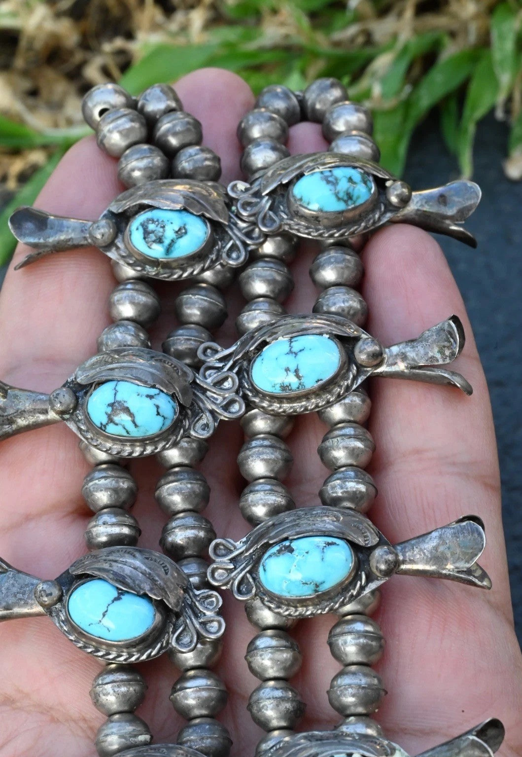 Early Native American Blue Turquoise & Sterling Silver Squash Blossom Necklace10