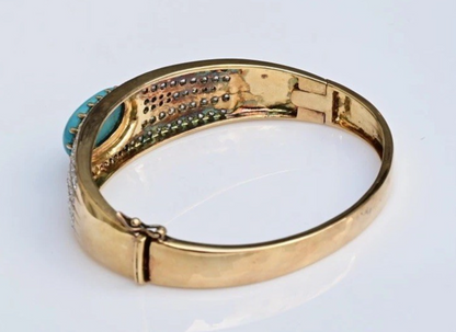 Gold Toned Sterling Silver Bangle Cuff Bracelet with Blue Oval Turquoise Gem3