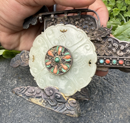Antique Chinese Silver Sculpture of Dragon-Drawn Celestial Carriage Jade Wheels11