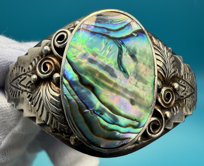 Attractive Sterling Silver Floral Abalone Shell Mother Of Pearl Cuff Bracelet 5