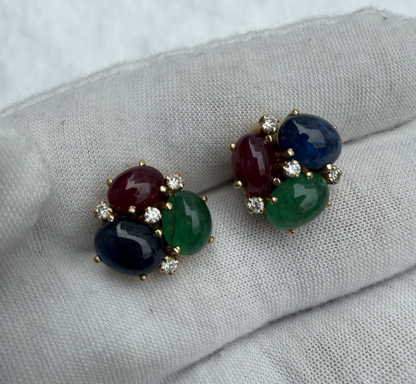 Stunning 18k Yellow Gold Bubble Earring W/ Natural Emerald, Sapphire & Rubies10