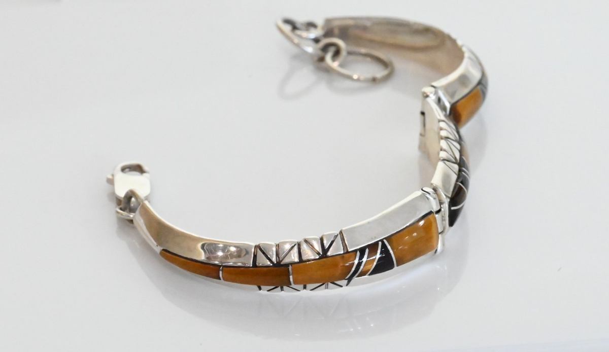 Vintage Native American Sterling Silver Cuff Bracelet Tigers Eye Mosaic Design2