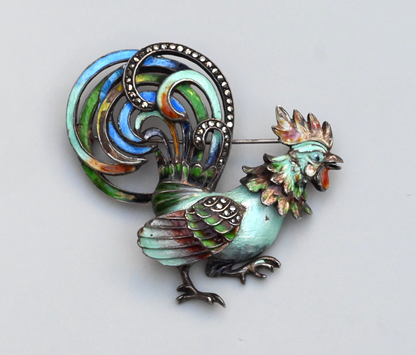 Gorgeous Sterling Silver Enamel Rooster Brooch Pin with Marcasite Accents0