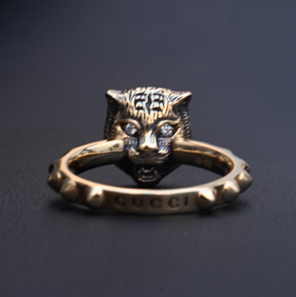 Gucci Le Marché des Merveilles Feline Head Ring in 18k Yellow Gold Diamond Eyes0
