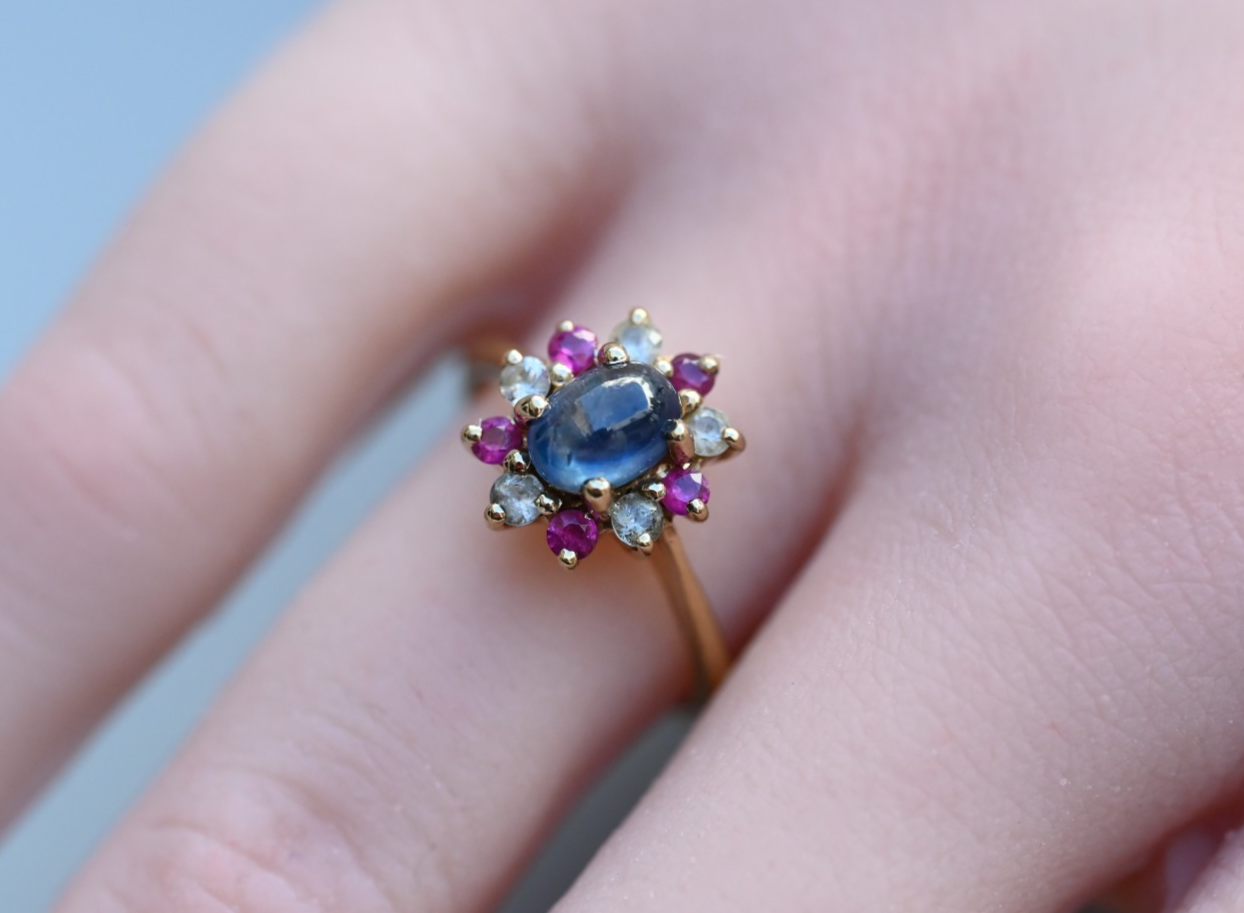 Elegant Antique / Vintage Natural Sapphire Ring with Halo of Rubies in .375 GTV1