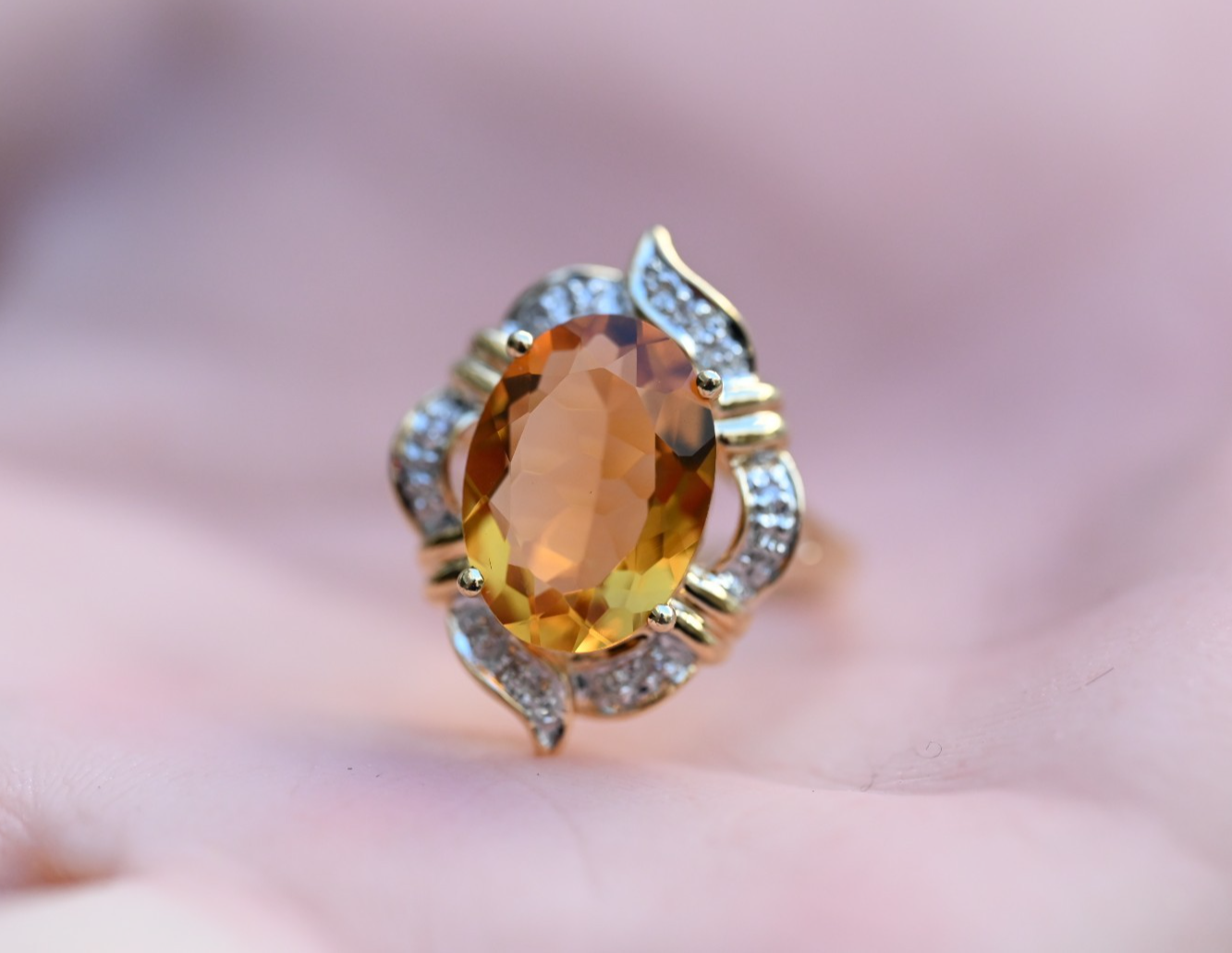 Eye-catching Vintage Faceted Citrine Cocktail Ring with Halo of Diamonds 14k YG9
