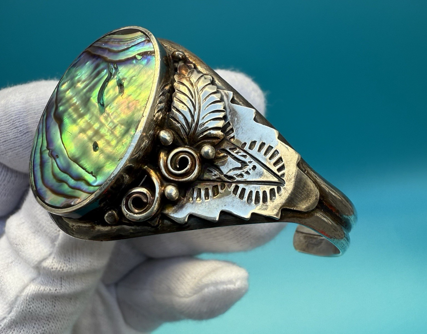 Attractive Sterling Silver Floral Abalone Shell Mother Of Pearl Cuff Bracelet 2