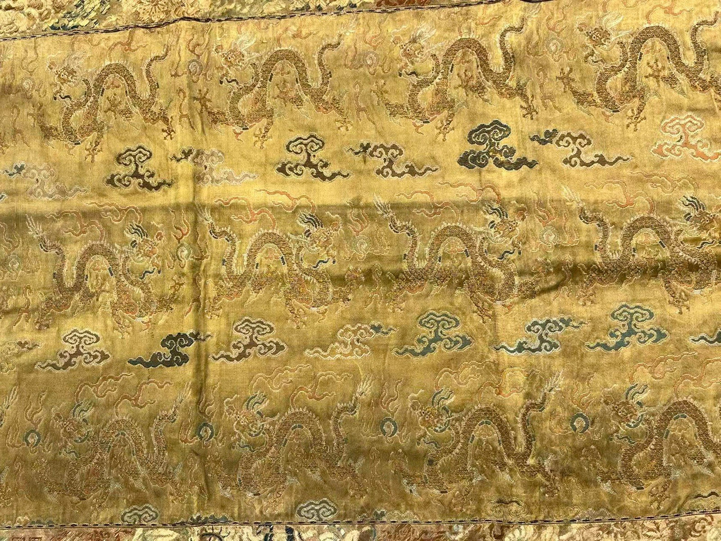 Early Antique Qing Dynasty Chinese Yellow Silk Brocade Panel with Gold Dragons0