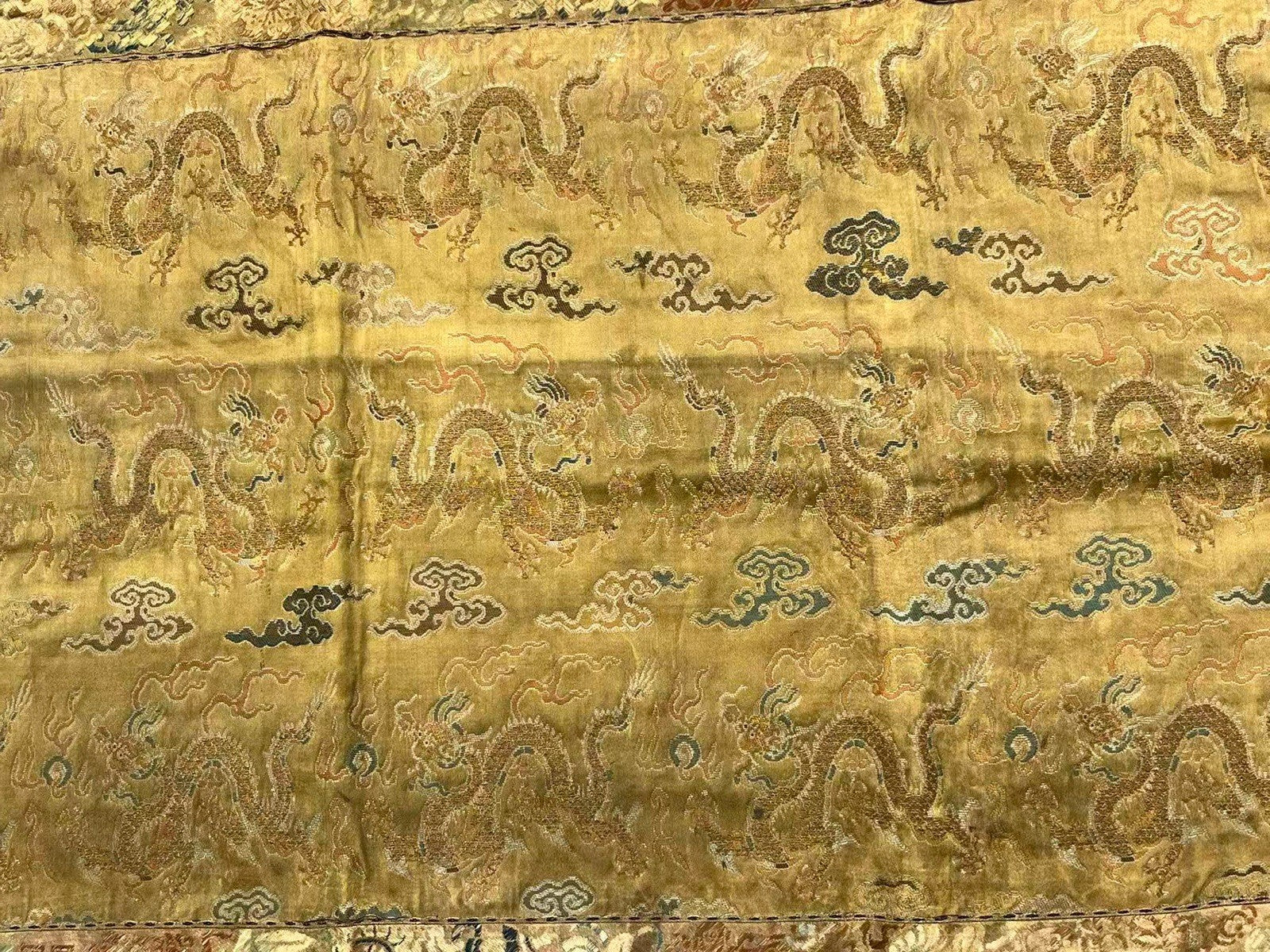 Early Antique Qing Dynasty Chinese Yellow Silk Brocade Panel with Gold Dragons0