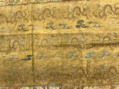 Early Antique Qing Dynasty Chinese Yellow Silk Brocade Panel with Gold Dragons0