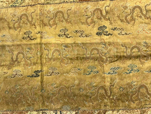 Early Antique Qing Dynasty Chinese Yellow Silk Brocade Panel with Gold Dragons0