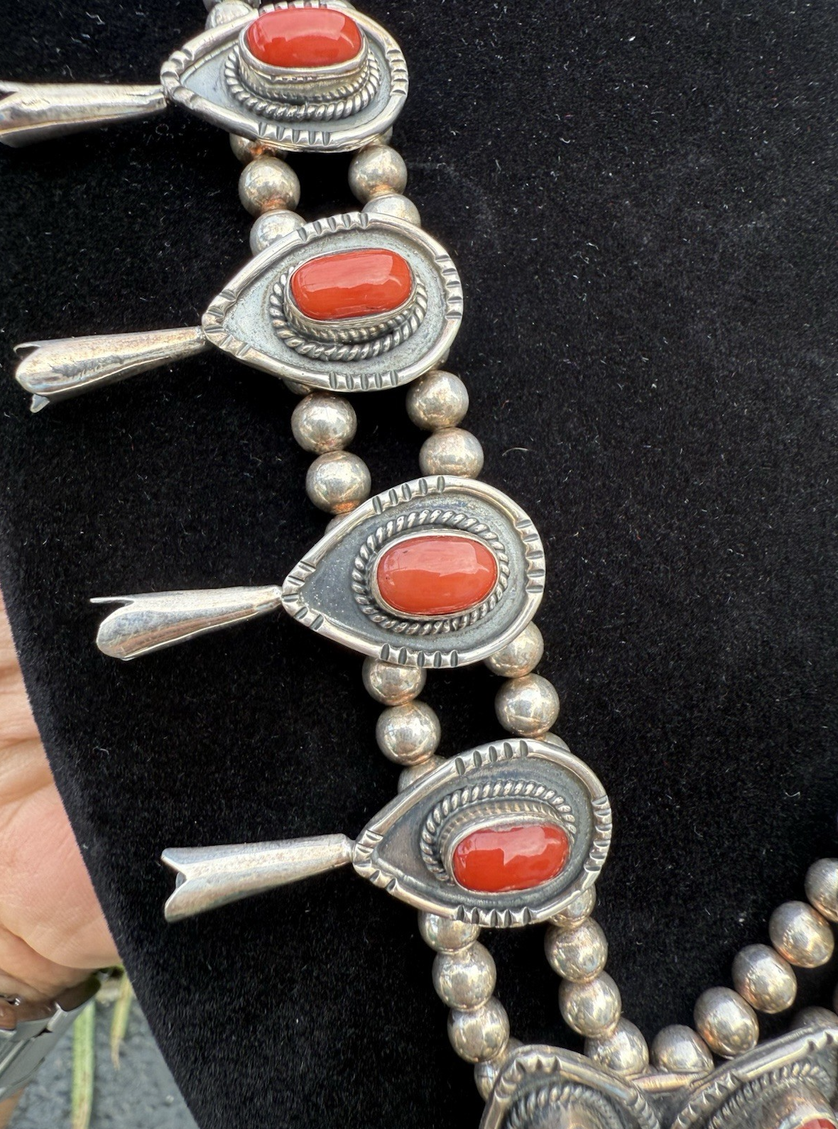 Gorgeous Native American Sterling Silver Squash Blossom Necklace with Red Coral4