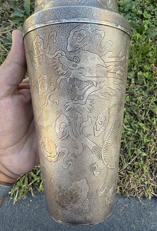 Etched Antique Dragon Design Teh Ling Export Silver Cocktail Shaker 615 Grams1