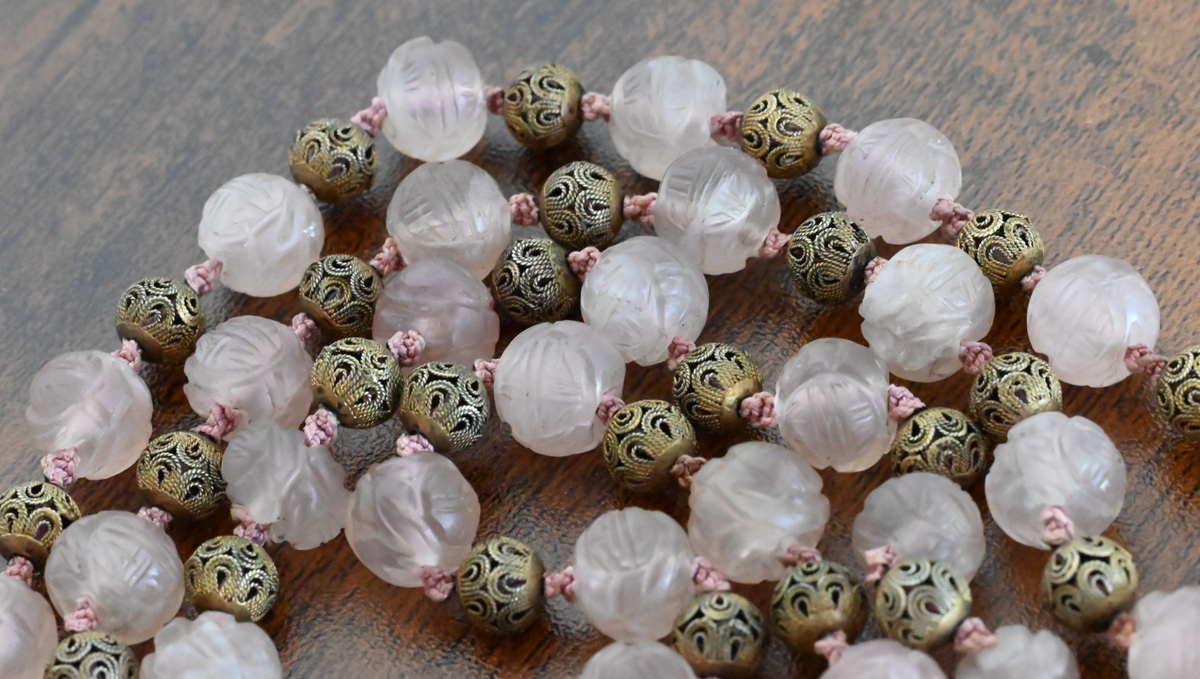 Antique / Vintage Chinese Beaded Pink Quartz Necklace with Gilt Silver Beads6