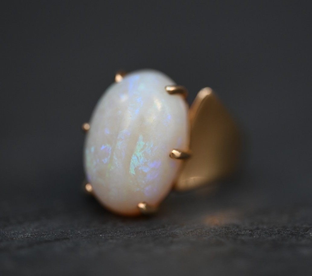 Gorgeous  Vintage Large Natural Opal Cabochon Ring Set in 14K Yellow Gold2