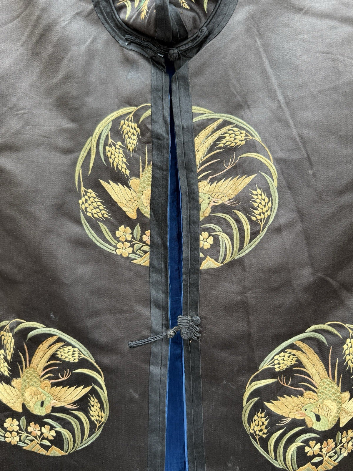 Early Antique Qing Dynasty Chinese Black Silk Embroidery Robe With Crane Birds1