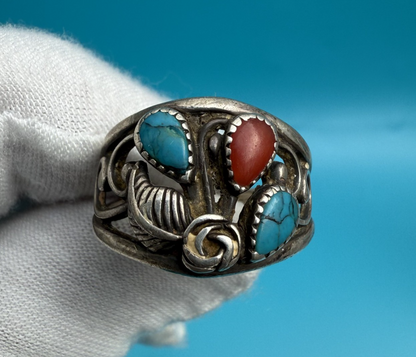 Native American Sterling Silver Ring with Turquoise & Coral Gems0