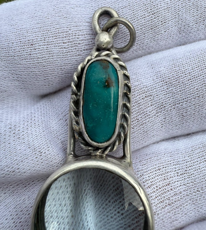Signed MS Sterling Silver Southwest Jewelers Loupe W/ Turquoise Gem1