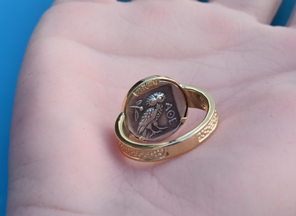 Amazing Goddess Athena & Her Owl Silver Coin Ring Set in 14K Yellow Gold6