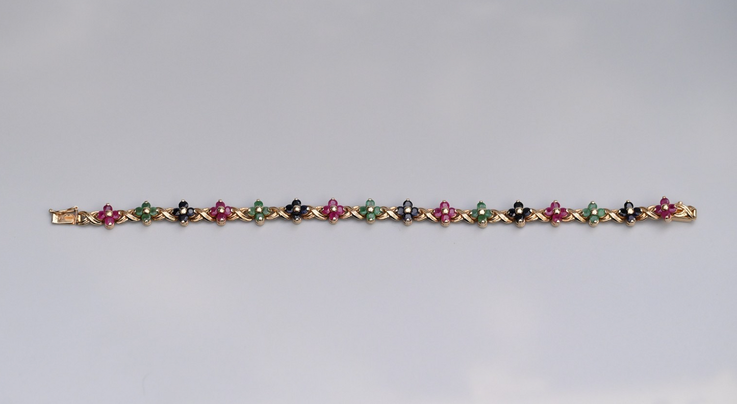 Beautiful Floral Tennis Bracelet with Sapphires, Rubies & Emeralds 14K YG 7 1/4"2