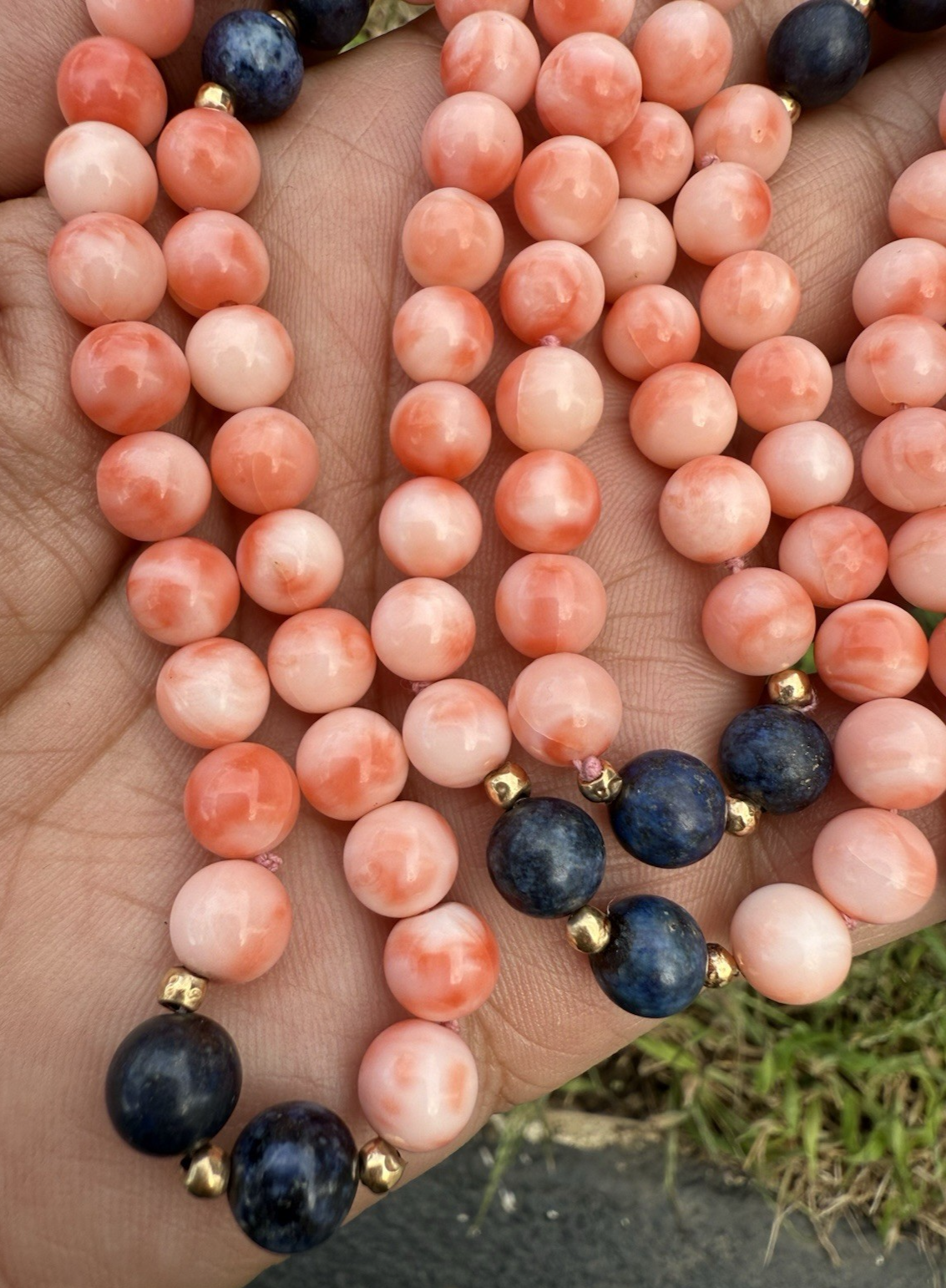 Beautiful White Angel Skin Coral & Lapis Beaded Necklace with 14K Gold Spacers1