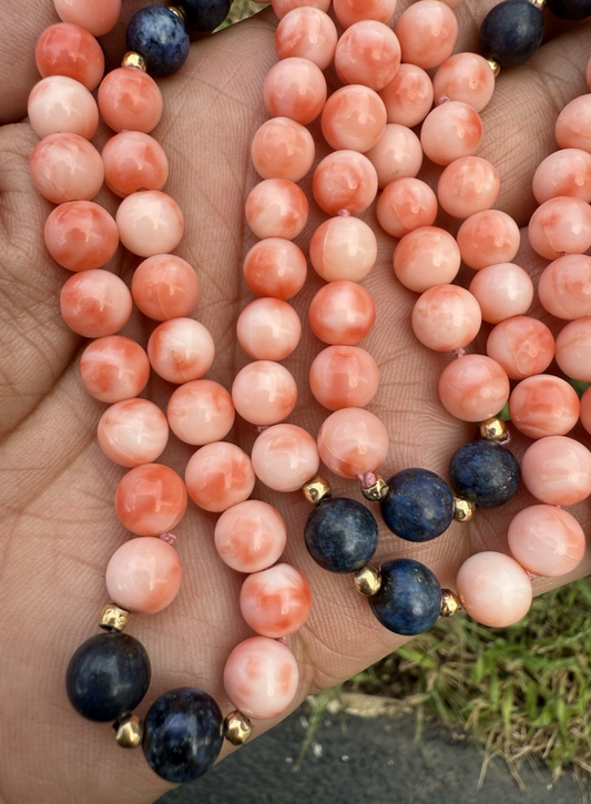 Beautiful White Angel Skin Coral & Lapis Beaded Necklace with 14K Gold Spacers1