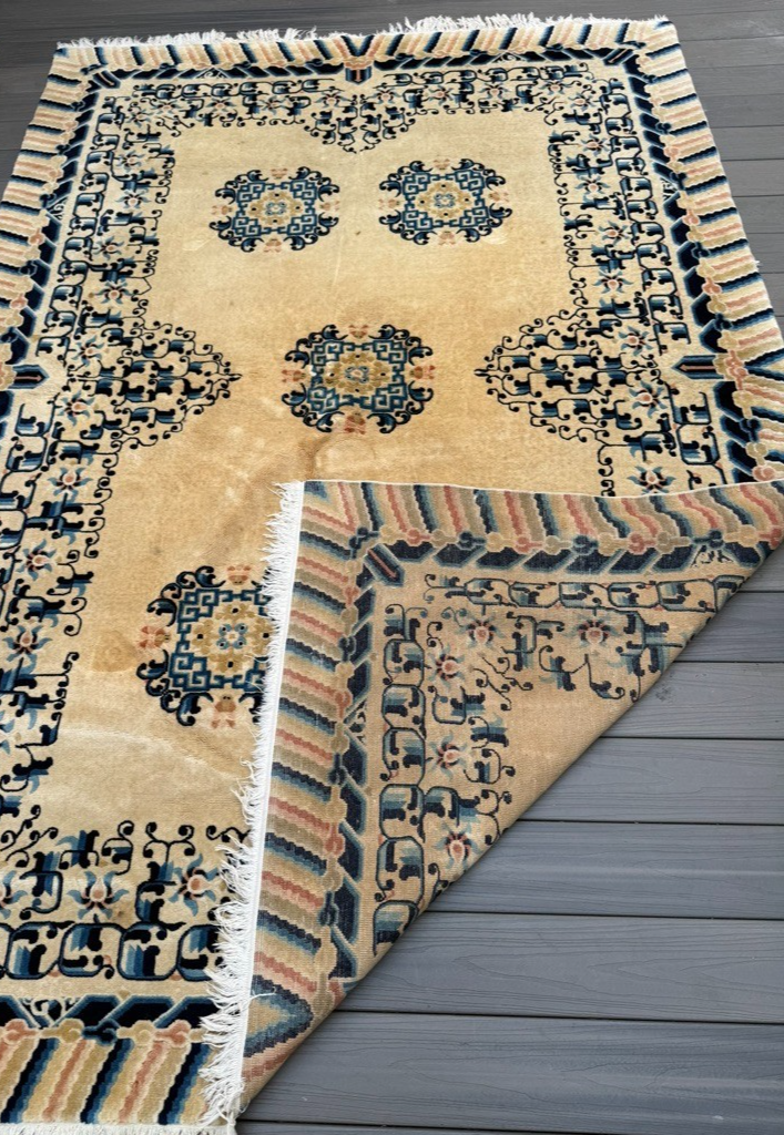 Gorgeous Antique Handmade Chinese Peking Wool Rug  6' x 9' Ivory Background7