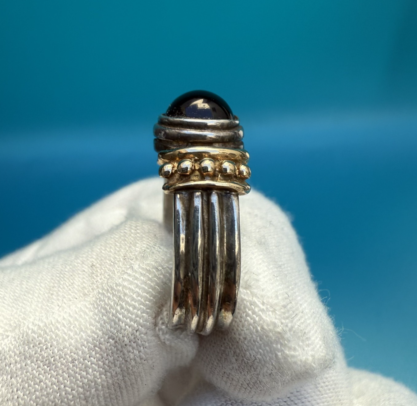 Unique .925 Sterling & 14K Yellow Gold Solitaire Band Ring with Black Onyx2