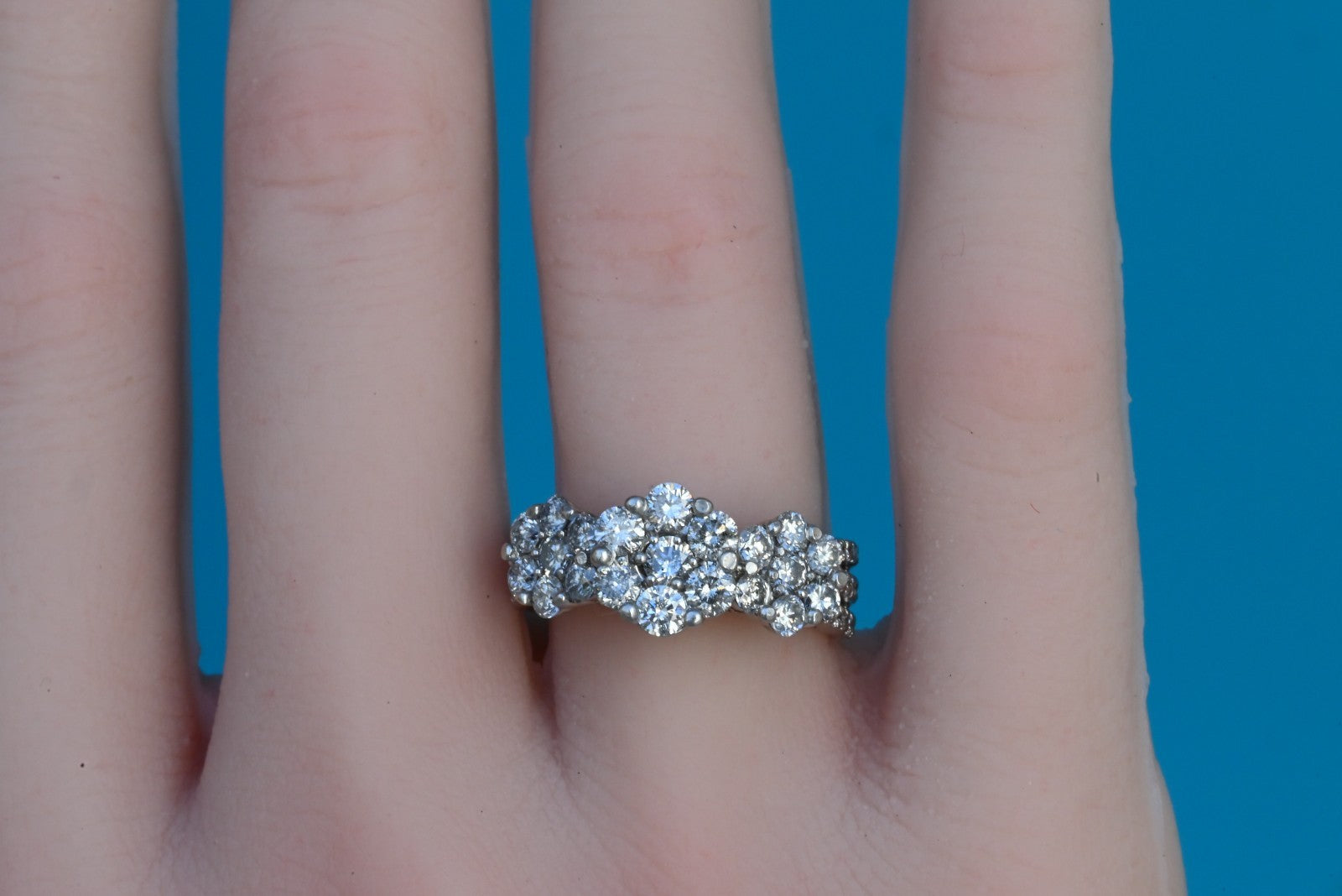 Gorgeous 14K White Gold 2TW Diamond Cluster Ring in Triple Flower Design2